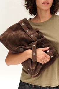 Coffee suede snaps shopper bag