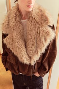 Chocolate leather double-breasted jacket with fur collar