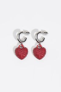 Silver hoop earrings with red crystals heart