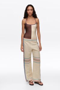 Ecru linen straight ankle length striped trousers