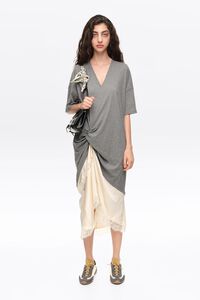 Gray melange two-material T-shirt dress with knot