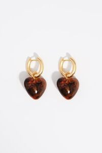 Gold hoop earrings with amber resin heart