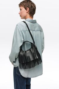 Small black leather fringed Paper bag